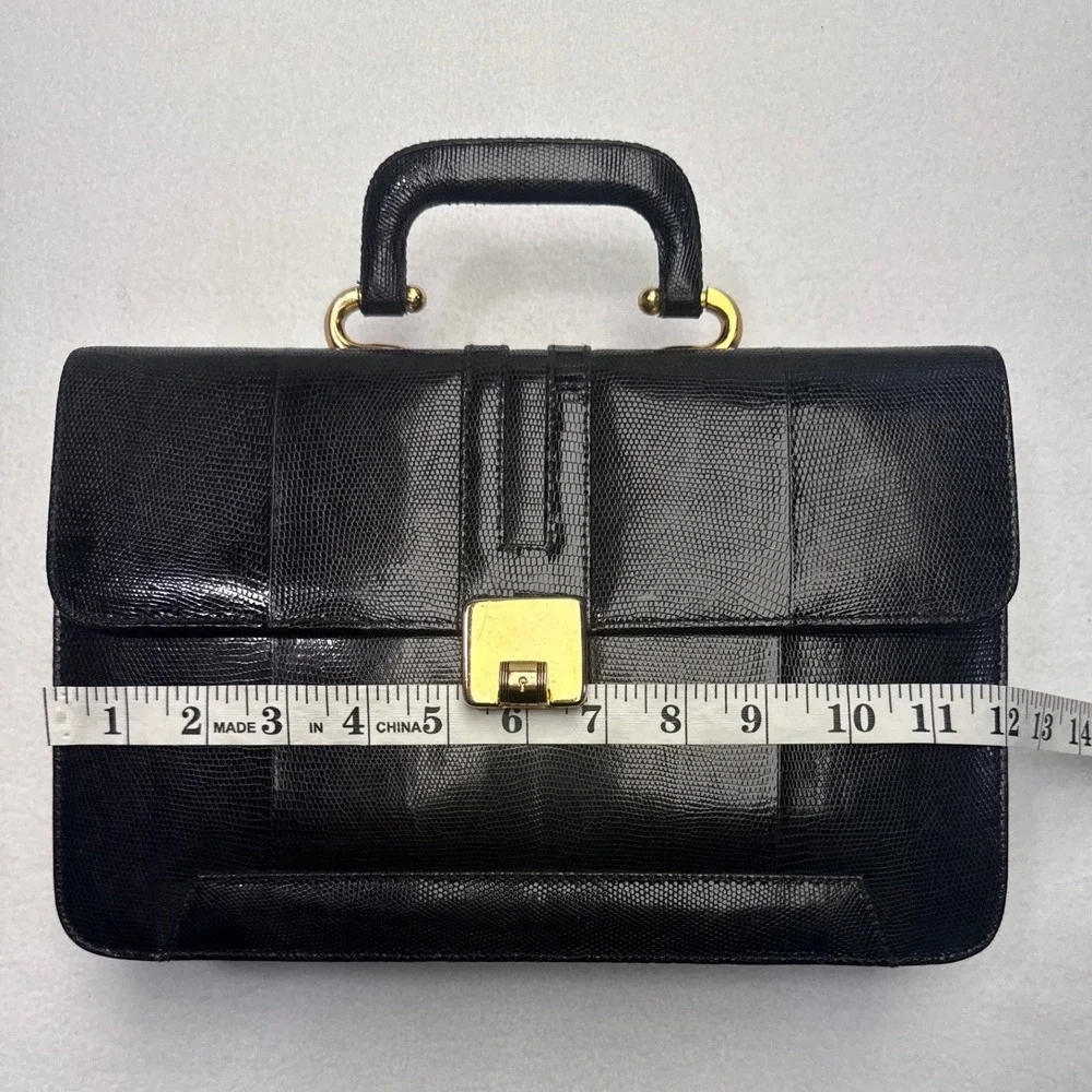 Vintage Black‎ Lizard Embossed Leather Top Handle Strap Purse Bag Gold Hardware
